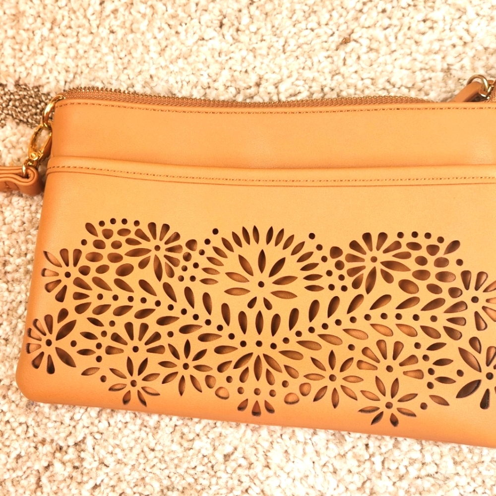 MARK & HALL TAN CROSSBODY CONVERTIBLE CLUTCH BAG WITH FLORAL CUTOUTS